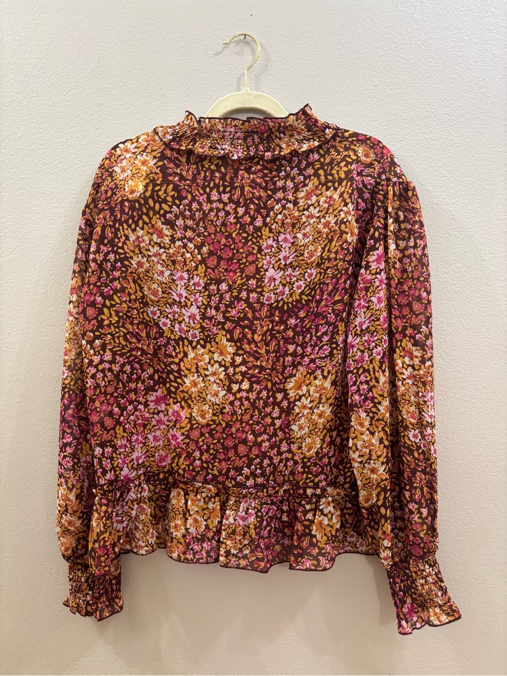 GLG Floral Ruffle Neck Blouse - Brown, Pink, Mustard
